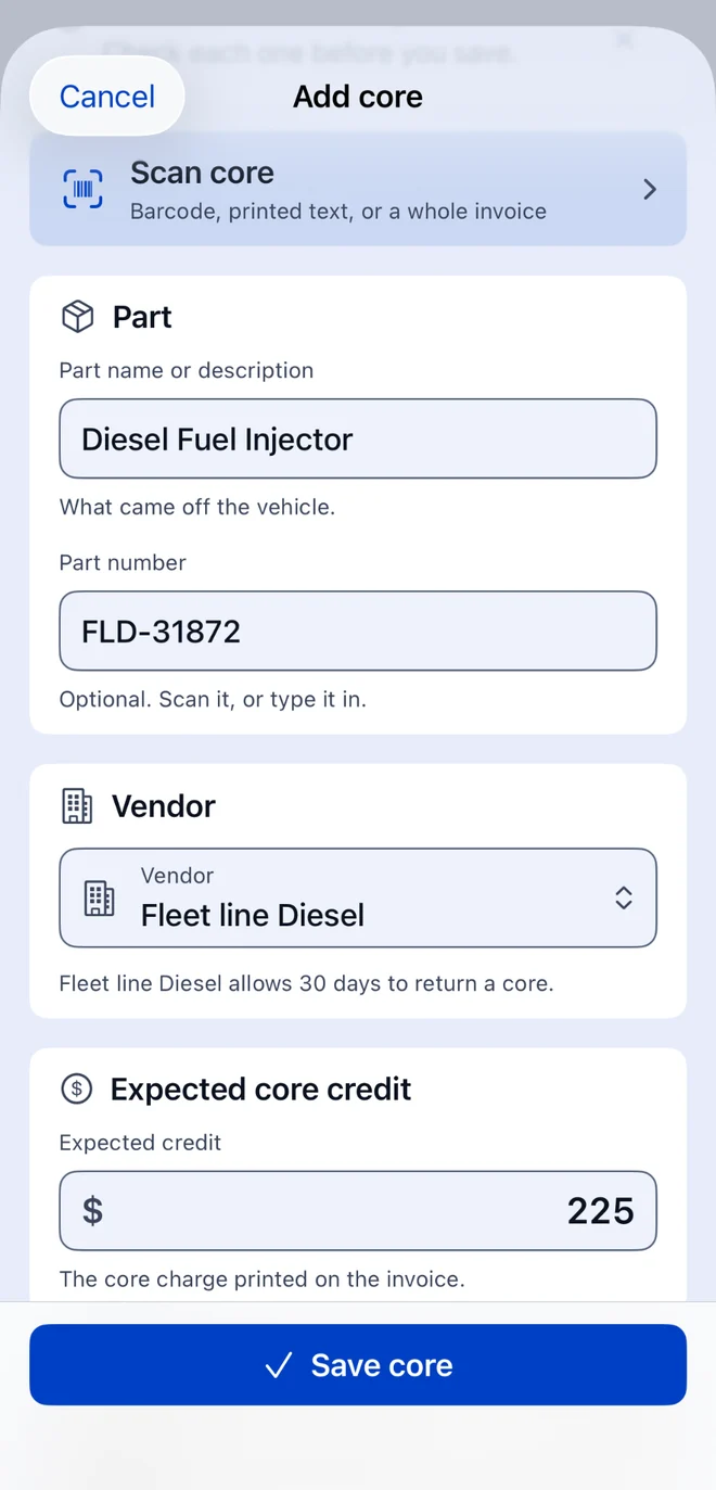 The Add core form: part name Diesel Fuel Injector, part number FLD-31872, vendor Fleet line Diesel with a 30-day return window, and an expected core credit of $225.