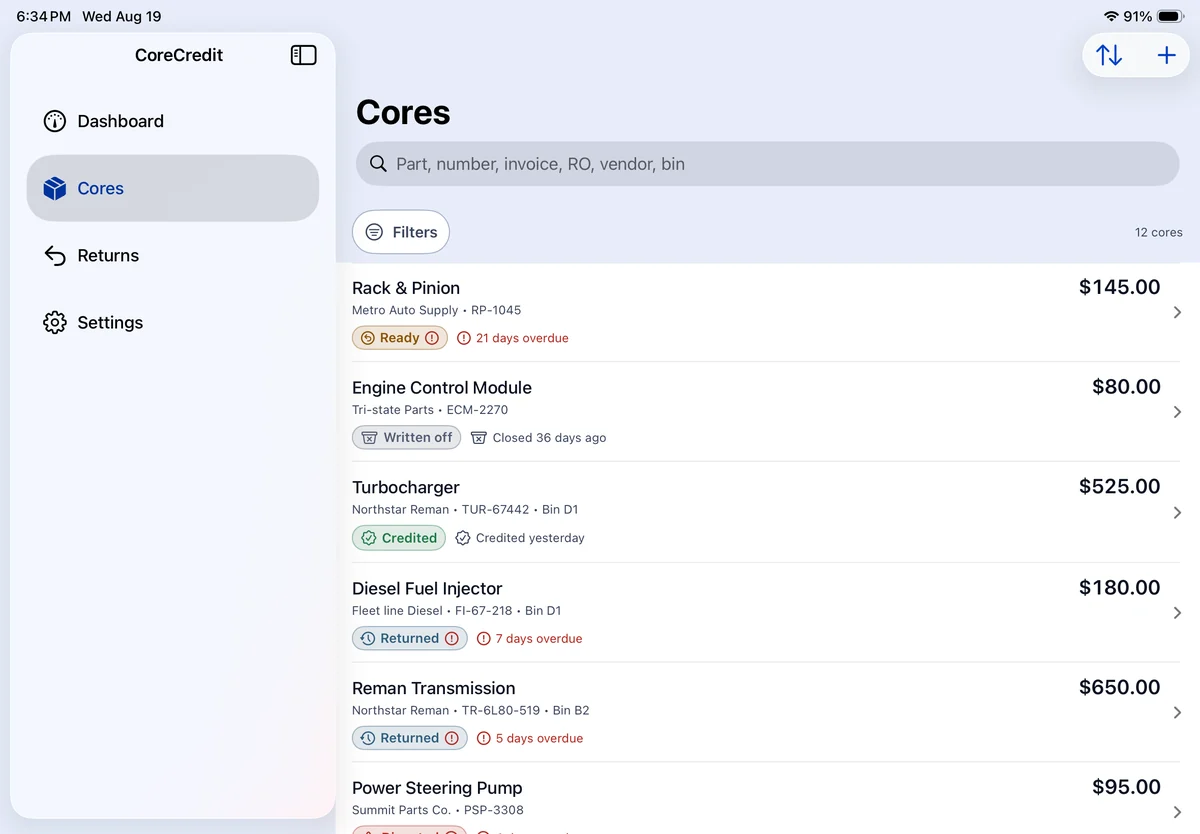 CoreCredit on iPad in landscape: a sidebar listing Dashboard, Cores, Returns and Settings beside the full Cores list with status badges and amounts.