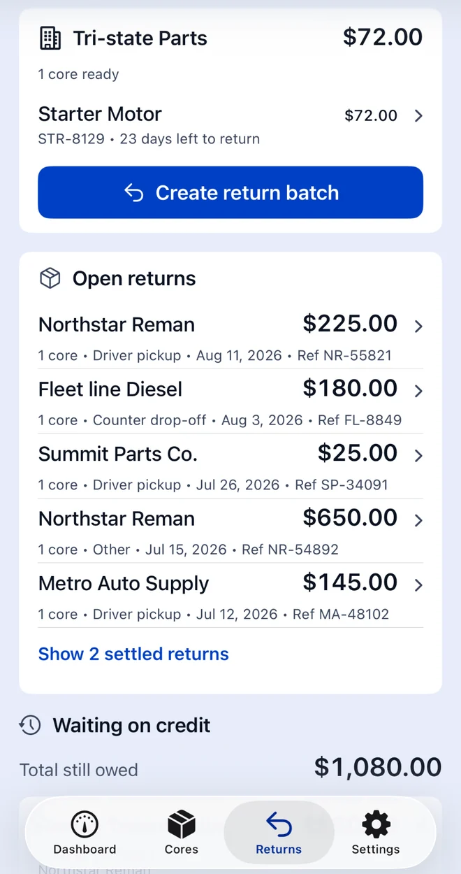 The Returns screen: a Tri-state Parts group with one core ready and a Create return batch button, then open returns for five vendors and a total still owed of $1,080.00.