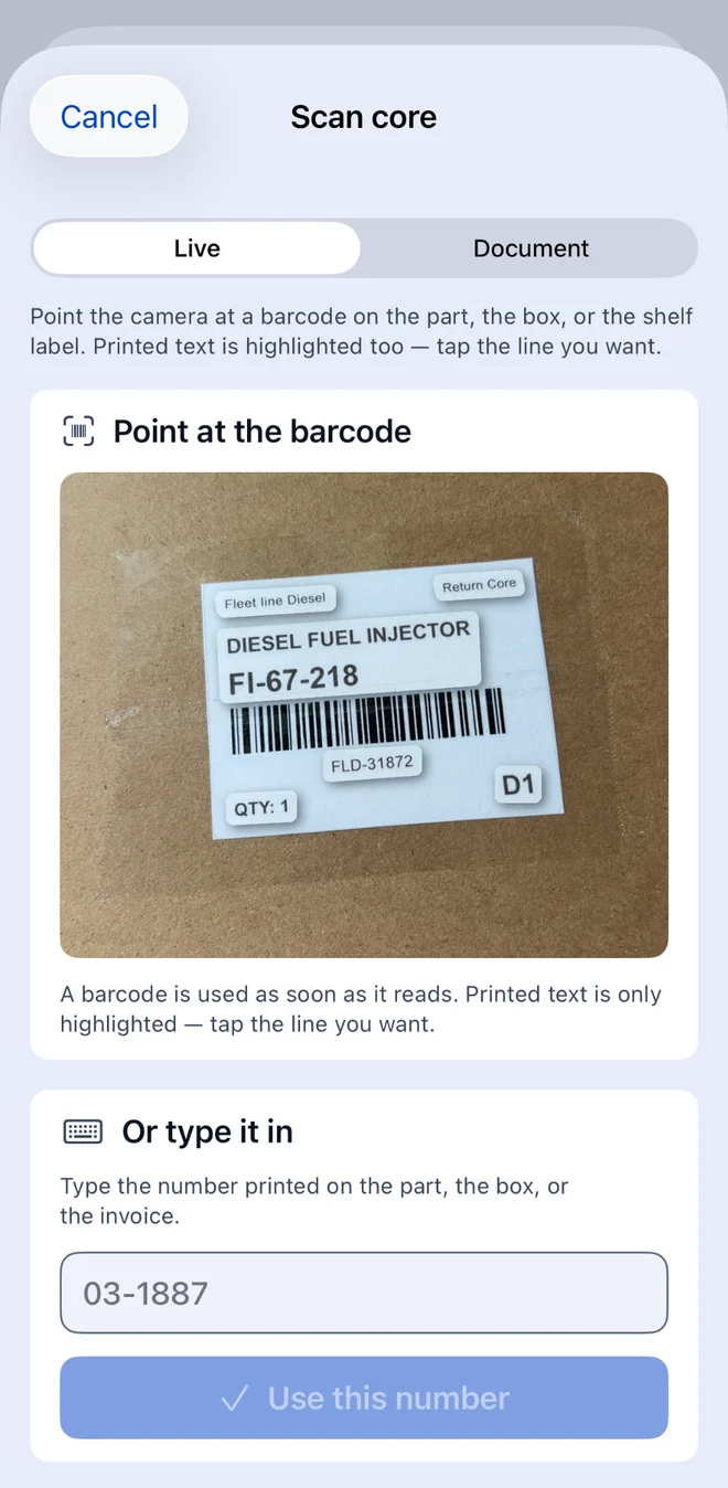 The Scan core screen with Live and Document modes, showing a camera view of a core return label with a barcode, and a manual entry field below it.